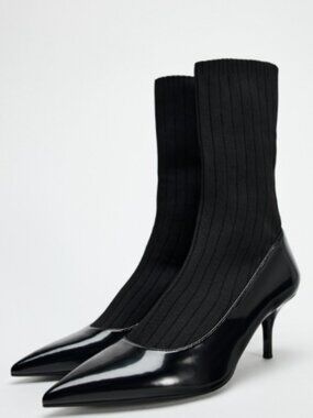 NWT Zara Knit Sock Ankle Boots Black Pointed Toe Kitten Heels | EU 42 / US 11